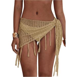 image:imageFloerns Womens Hollow Out Beach Cover Up Skirt Crochet Fringe Trim Swimsuit Wrap SarongKhaki