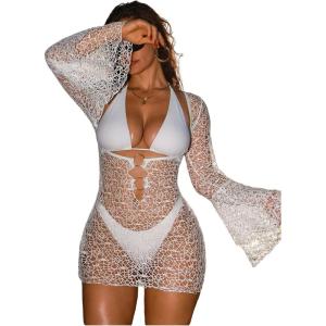 image:imageFloerns Womens Hollow Out Beach Dress Cut Out Long Sleeve Bathing Suit Cover UpWhite