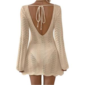 image:imageFloerns Womens Hollow Out Knitted Beach Dress Long Sleeve Tie Backless Vacation Cover UpApricot