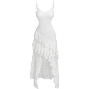 image:imageFloerns Womens Lace Tiered Ruffle Cami Dress Y2K Spaghetti Strap Asymmetrical Hem Going Out DressesWhite