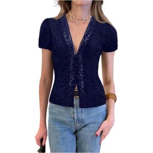 image:imageFloerns Womens Lace V Neck Blouses Short Sleeve Dressy Casual Button Down ShirtsDark Blue