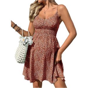 image:imageFloerns Womens Maternity Floral Cami Dress Spaghetti Strap Beach Ruffle A Line DressesBrown