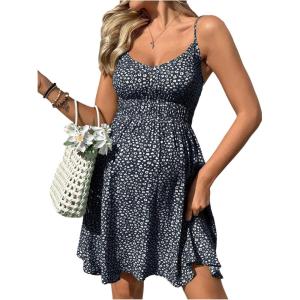 image:imageFloerns Womens Maternity Floral Cami Dress Spaghetti Strap Beach Ruffle A Line DressesDark Blue