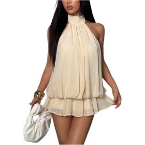 image:imageFloerns Womens Mesh Open Back Halter Dress Sleeveless Ruffle Going Out Mini DressesBeige