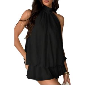 image:imageFloerns Womens Mesh Open Back Halter Dress Sleeveless Ruffle Going Out Mini DressesBlack