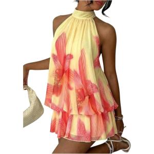 image:imageFloerns Womens Mesh Open Back Halter Dress Sleeveless Ruffle Going Out Mini DressesPale Yellow