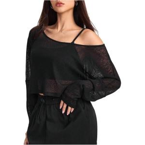 image:imageFloerns Womens Mesh Workout Crop Tops Off The Shoulder Athletic Gym Running T ShirtsBlack