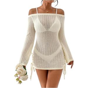 image:imageFloerns Womens Off The Shoulder Crochet Cover Up Dress Drawstring Bathing Suit Without BikiniBeige
