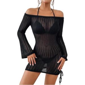 image:imageFloerns Womens Off The Shoulder Crochet Cover Up Dress Drawstring Bathing Suit Without BikiniBlack