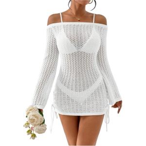 image:imageFloerns Womens Off The Shoulder Crochet Cover Up Dress Drawstring Bathing Suit Without BikiniWhite