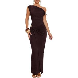 image:imageFloerns Womens Off The Shoulder Maxi Dress Bodycon Sleeveless Ruched Wedding Guest DressesBrown