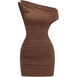 image:imageFloerns Womens Off The Shoulder Mini Dress Ruched Bodycon Club Going Out DressesBrown