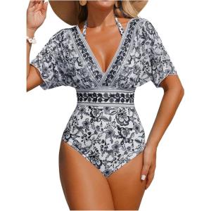 image:imageFloerns Womens One Piece Swimsuit Floral Print Halter Short Sleeve Vacation Bathing SuitBlack and White