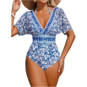 image:imageFloerns Womens One Piece Swimsuit Floral Print Halter Short Sleeve Vacation Bathing SuitBlue and White