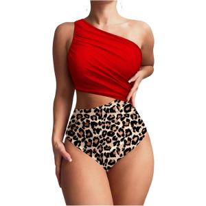 image:imageFloerns Womens One Piece Swimsuit One Shoulder Leopard Print Side Cut Out Ruched Bathing SuitMulticolor
