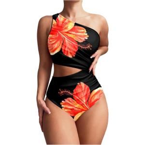 image:imageFloerns Womens One Piece Swimsuit One Shoulder Leopard Print Side Cut Out Ruched Bathing SuitTropical Black