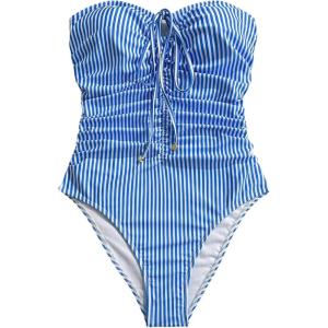 image:imageFloerns Womens One Piece Swimsuit Striped Ruched Strapless Bandeau Bathing Suit BeachwearBlue Striped
