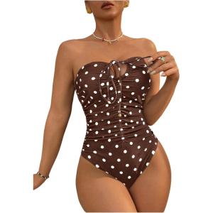 image:imageFloerns Womens One Piece Swimsuit Striped Ruched Strapless Bandeau Bathing Suit BeachwearBrown Polka Dots