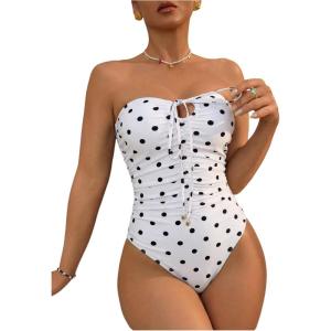 image:imageFloerns Womens One Piece Swimsuit Striped Ruched Strapless Bandeau Bathing Suit BeachwearWhite Black Polka Dots