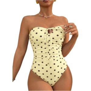 image:imageFloerns Womens One Piece Swimsuit Striped Ruched Strapless Bandeau Bathing Suit BeachwearYellow Polka Dots