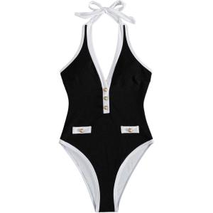 image:imageFloerns Womens One Piece Swimsuit Textured Halter Neck Tummy Control Bathing SuitBlack
