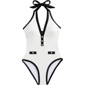 image:imageFloerns Womens One Piece Swimsuit Textured Halter Neck Tummy Control Bathing SuitBlack and White