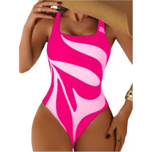 image:imageFloerns Womens One Piece Swimsuit Tummy Control Graphic Square Neck Bathing SuitPink