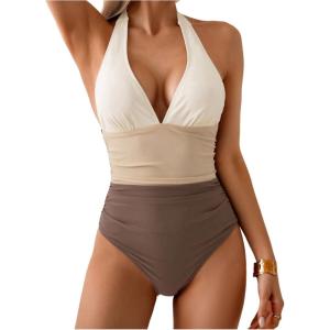 image:imageFloerns Womens One Piece Swimsuits Colorblock Lace Up Halter Tummy Control Bathing SuitBrown Multi