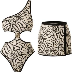 image:imageFloerns Womens One Piece Swimsuits Seashell One Shoulder Cut Out Monokini with Cover Up SkirtBeige Multi