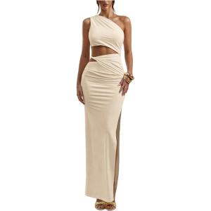 image:imageFloerns Womens One Shoulder Cutout Maxi Party Dress Sleeveless Split Bodycon Wedding Guest Night Out DressesApricot