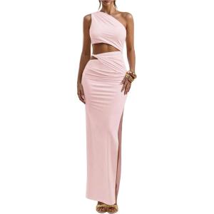 image:imageFloerns Womens One Shoulder Cutout Maxi Party Dress Sleeveless Split Bodycon Wedding Guest Night Out DressesCoral Pink