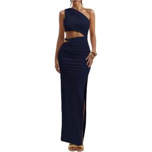 image:imageFloerns Womens One Shoulder Cutout Maxi Party Dress Sleeveless Split Bodycon Wedding Guest Night Out DressesDark Blue