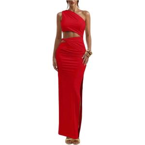 image:imageFloerns Womens One Shoulder Cutout Maxi Party Dress Sleeveless Split Bodycon Wedding Guest Night Out DressesRed
