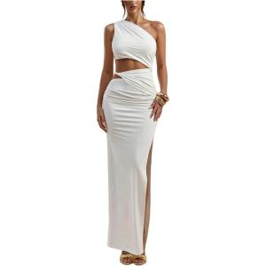 image:imageFloerns Womens One Shoulder Cutout Maxi Party Dress Sleeveless Split Bodycon Wedding Guest Night Out DressesWhite