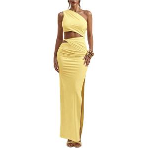 image:imageFloerns Womens One Shoulder Cutout Maxi Party Dress Sleeveless Split Bodycon Wedding Guest Night Out DressesYellow