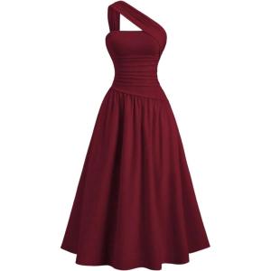 image:imageFloerns Womens One Shoulder Long Dress Ruched Sleeveless Flowy A Line Cocktail DressesRedwood