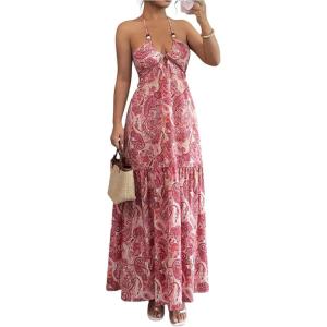 image:imageFloerns Womens Paisley Bow Halter Maxi Dress Backless Beach Vacation Summer DressesPink