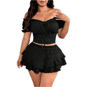 image:imageFloerns Womens Plus Size 2 Piece Outfit Going Out Off The Shoulder Crop Tops Layered Mini Skirt SetBlack