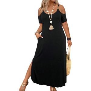image:imageFloerns Womens Plus Size Cold Shoulder Maxi Dress Short Sleeve Split Vacation Dresses with PocketsBlack