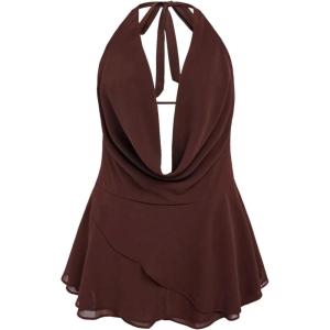 image:imageFloerns Womens Plus Size Draped Front Halter Short Dress Sleeveless Tie Open Back Going Out DressesCoffee Brown
