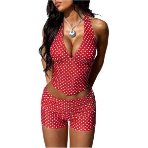 image:imageFloerns Womens Polka Dots Bikini Sets Halter Top and Boyshorts 2 Piece Bathing SuitRed
