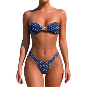 image:imageFloerns Womens Polka Dots Cheeky Bikini Sets Seashell Strapless Bandeau Swimsuits 2 Piece Bathing SuitsBlue