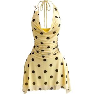 image:imageFloerns Womens Polka Dots Going Out Halter Mini Dress Draped Open Back Date Night OutfitYellow