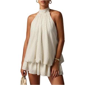 image:imageFloerns Womens Polka Dots Halter A Line Mini Dress Drop Waist Sleeveless Going Out DressesBlack and White