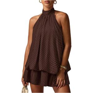 image:imageFloerns Womens Polka Dots Halter A Line Mini Dress Drop Waist Sleeveless Going Out DressesBrown