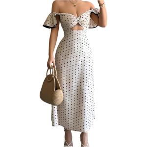 image:imageFloerns Womens Polka Dots Off Shoulder Elegant Dress Cutout Twist Knot A Line Party Date Night Maxi DressesApricot