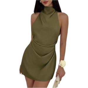 image:imageFloerns Womens Ruched Cowl Neck Halter Mini Dress Tie Backless Night Out DressesArmy Green