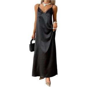image:imageFloerns Womens Satin Lace Trim Maxi Dress V Neck Spaghetti Strap Slip Date Night Party DressesBlack