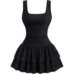 image:imageFloerns Womens Sparkly Rhinestone Square Neck Tank Dress Ruched Layered Ruffle Party Mini DressesBlack