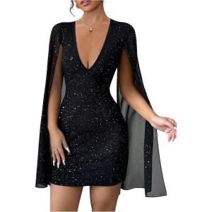 image:imageFloerns Womens Sparkly Sequin Bodycon Mini Dress Deep V Neck Split Long Sleeve Night Out DressesBlack